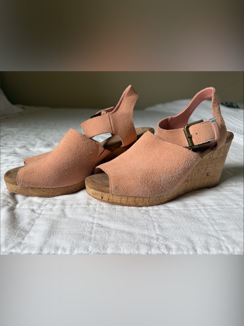 Toms Peach Suede Cork Wedge Sandals